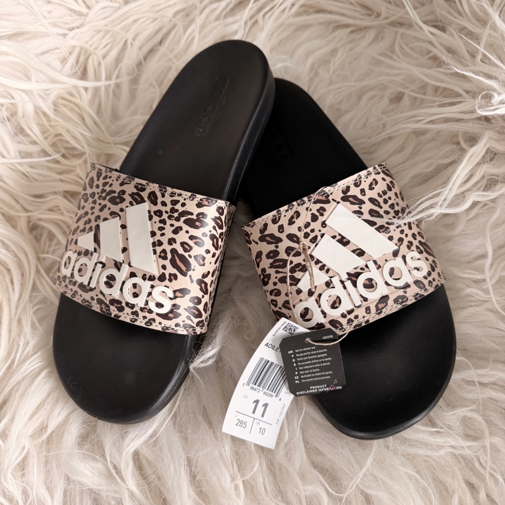 NWT Adidas Leopard-Print Adilette Slides in Black and Beige